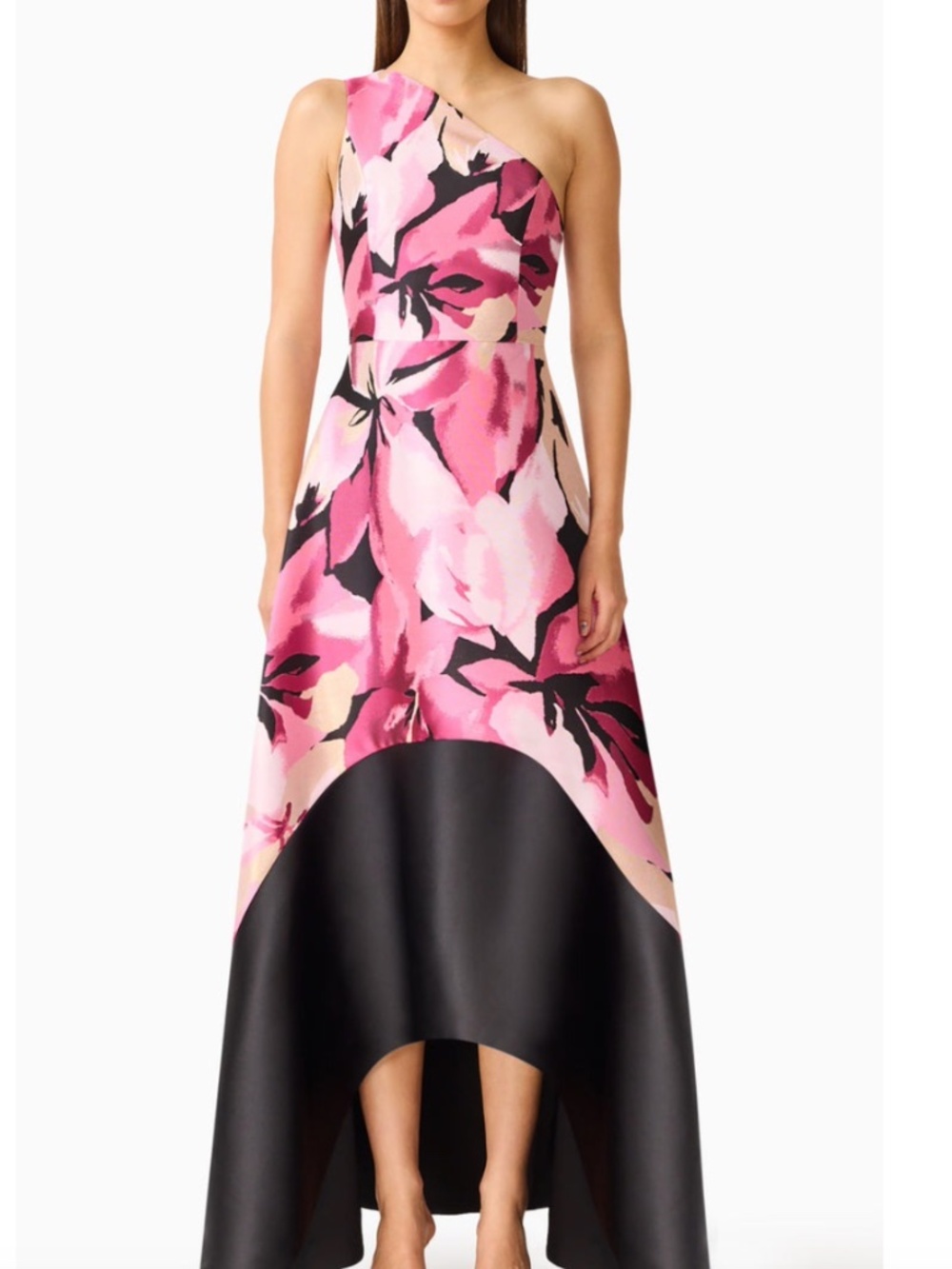 Elliatt Lumiflora Asymmetrical Gown Dress Pink Black Floral One Shoulder SMALL